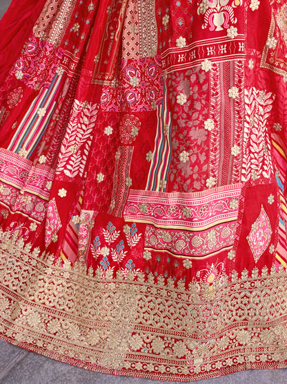 Elegant Red Chinnon Silk Lehenga Set with Embroidered Blouse and Chiffon Dupatta