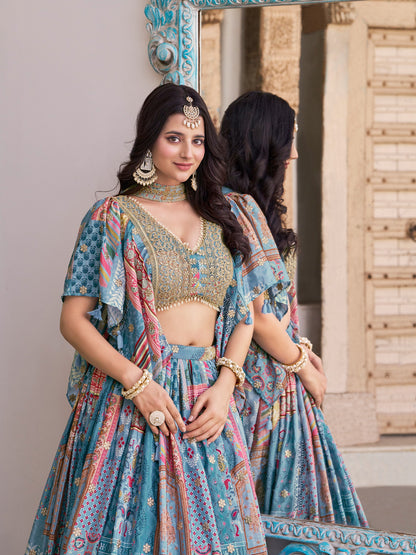 Indian Ethnic Sky Blue Embroidered Lehenga Choli Set