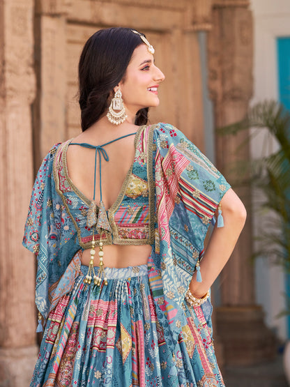 Indian Ethnic Sky Blue Embroidered Lehenga Choli Set