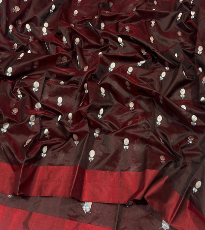 Handwoven Maroon & Silver Pattu Silk Saree with Zari Border