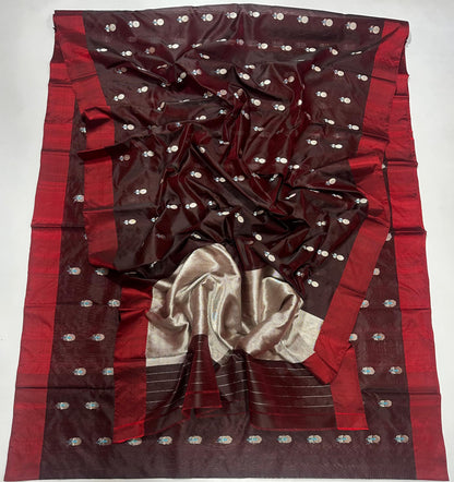 Handwoven Maroon & Silver Pattu Silk Saree with Zari Border