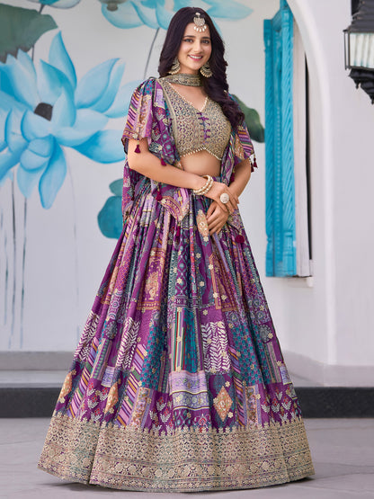 Indian Designer Purple Chinnon Embroidered Lehenga Set