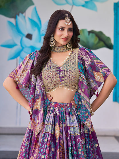 Indian Designer Purple Chinnon Embroidered Lehenga Set