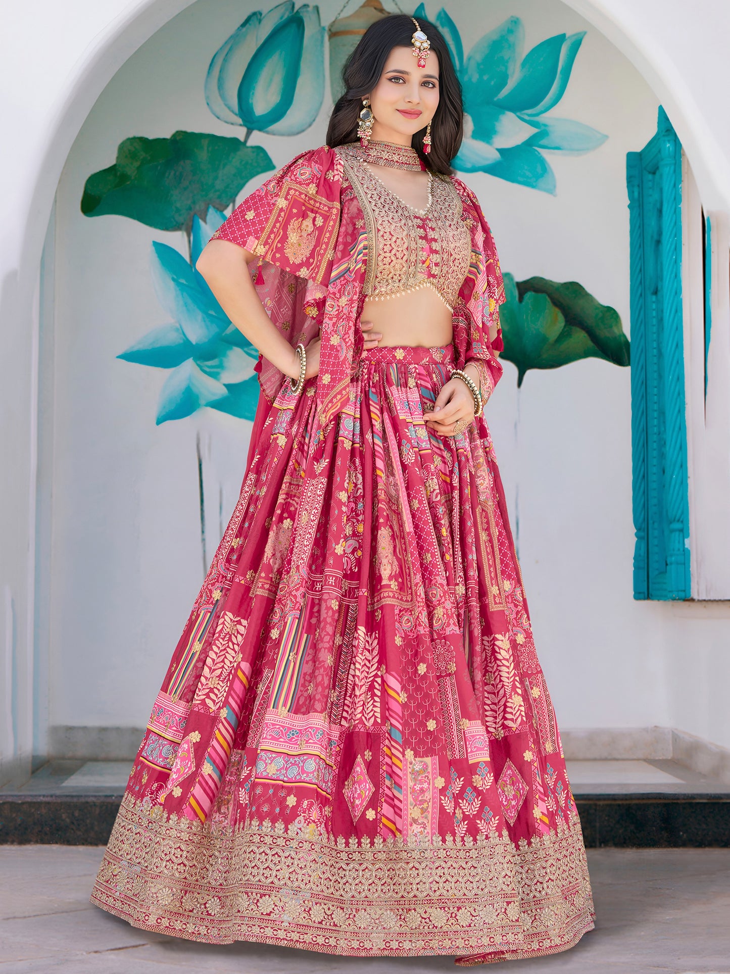 Pink Chinon Lehenga with Embroidered Blouse & Cape Sleeves