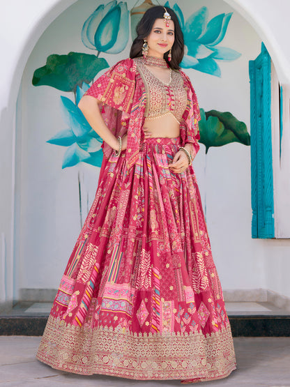 Pink Chinon Lehenga with Embroidered Blouse & Cape Sleeves