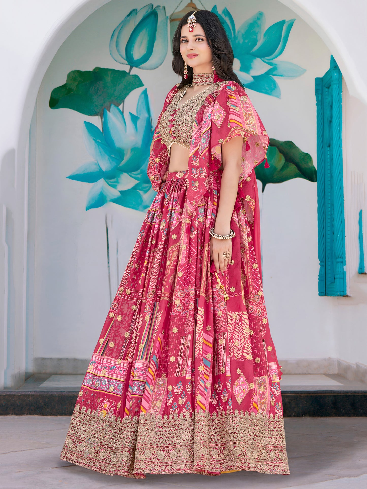 Pink Chinon Lehenga with Embroidered Blouse & Cape Sleeves