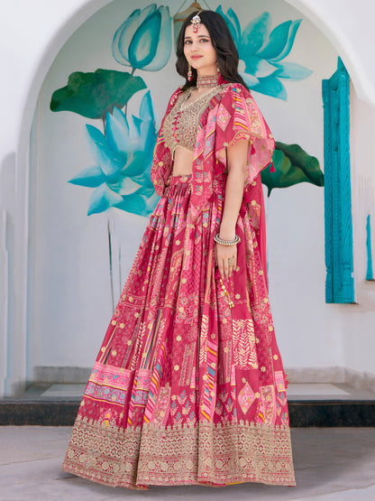 Pink Chinon Lehenga with Embroidered Blouse & Cape Sleeves