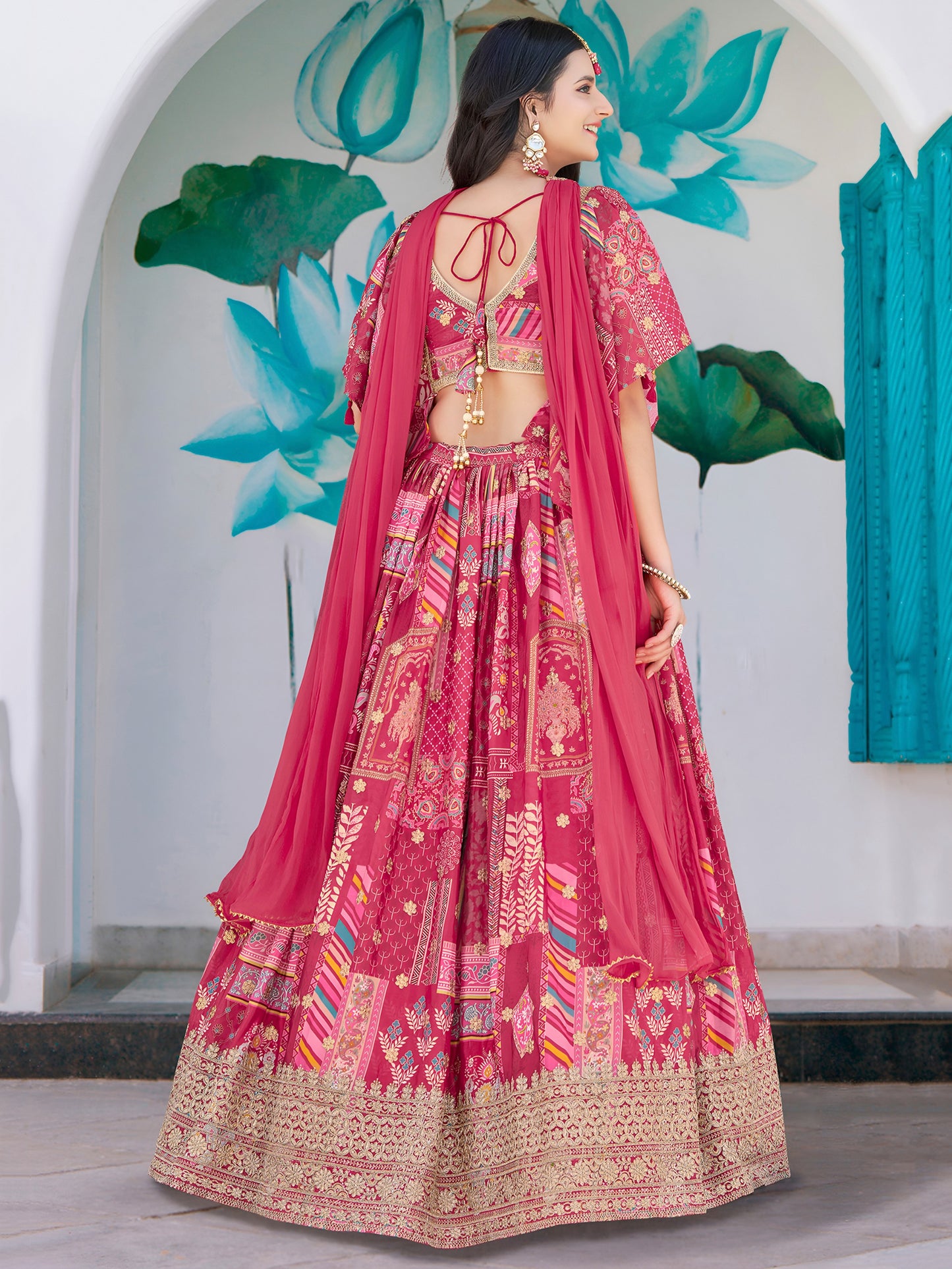 Pink Chinon Lehenga with Embroidered Blouse & Cape Sleeves