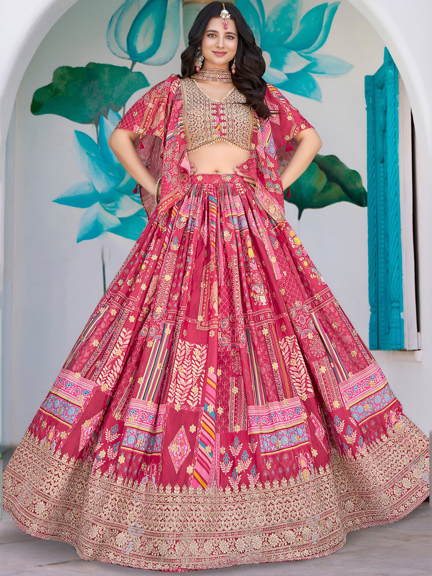 Pink Chinon Lehenga with Embroidered Blouse & Cape Sleeves