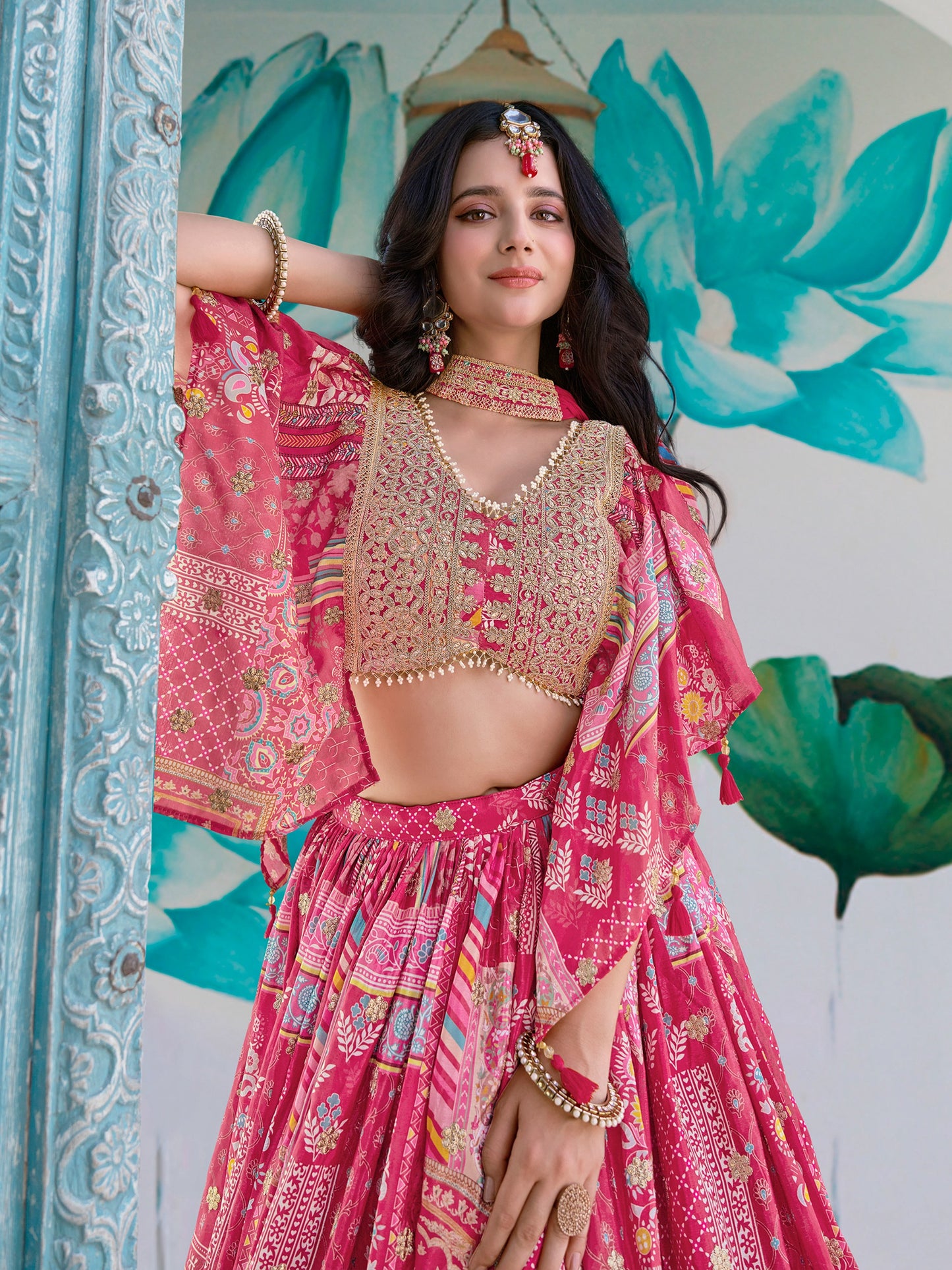 Pink Chinon Lehenga with Embroidered Blouse & Cape Sleeves