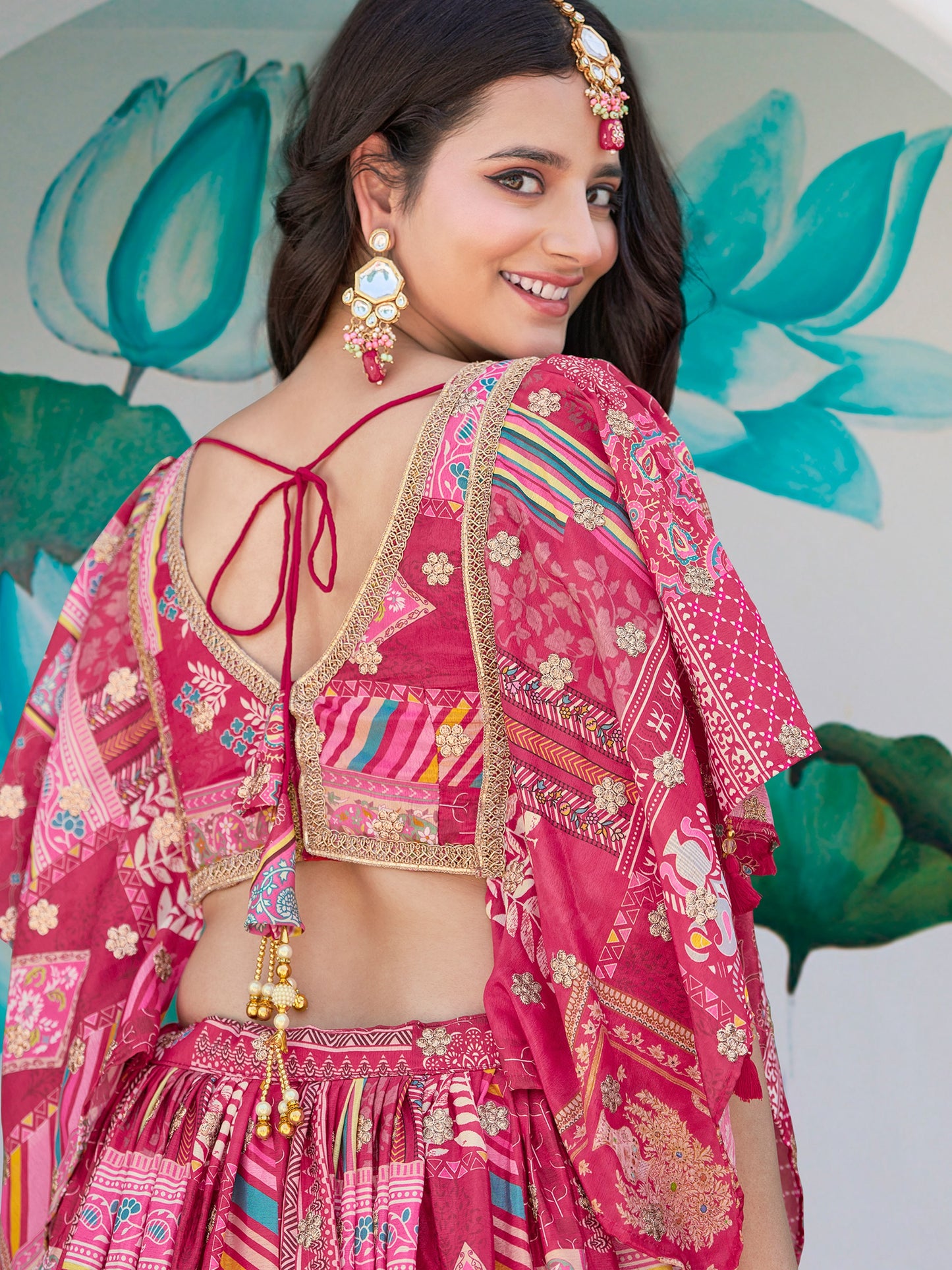 Pink Chinon Lehenga with Embroidered Blouse & Cape Sleeves