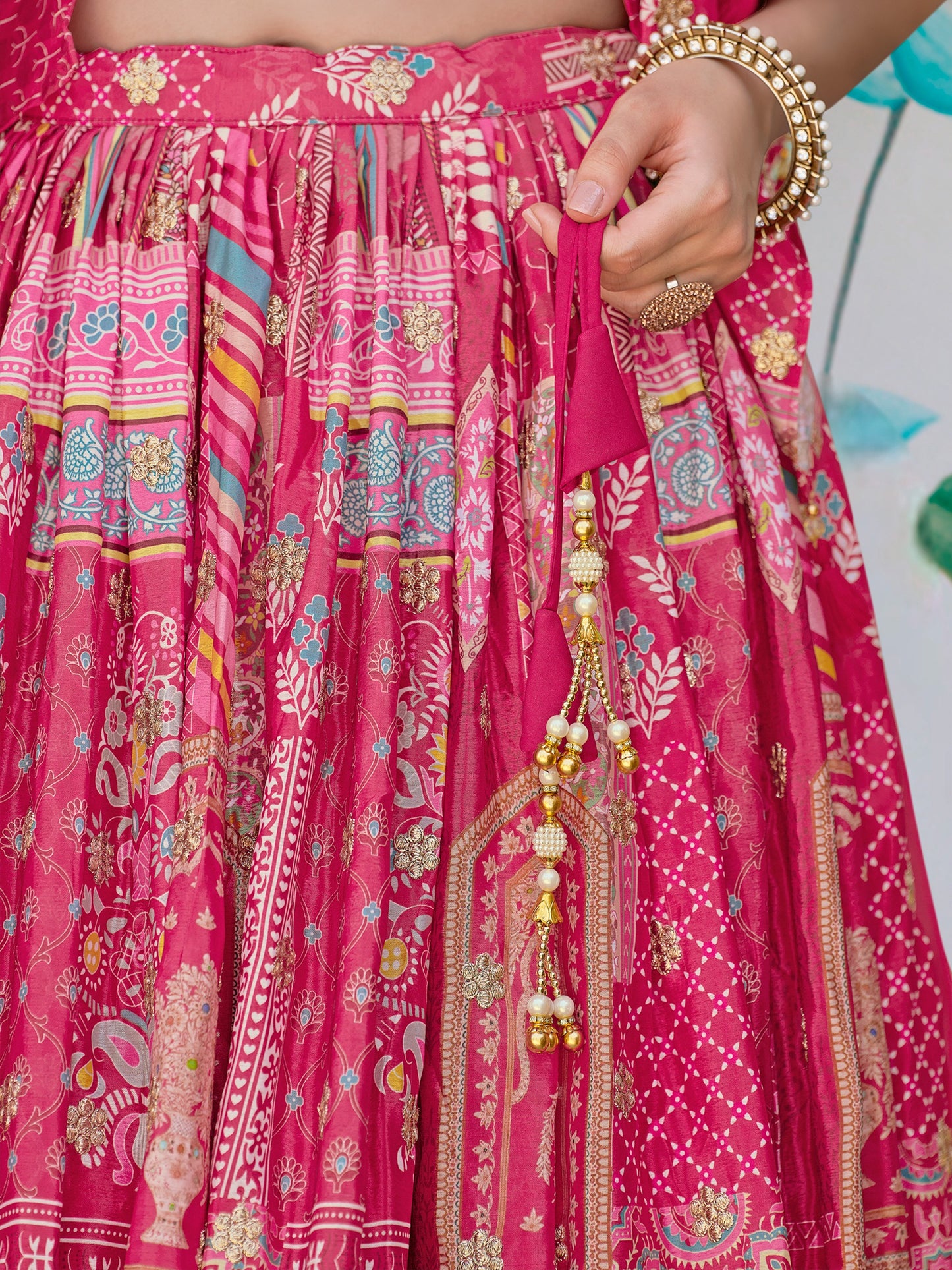 Pink Chinon Lehenga with Embroidered Blouse & Cape Sleeves