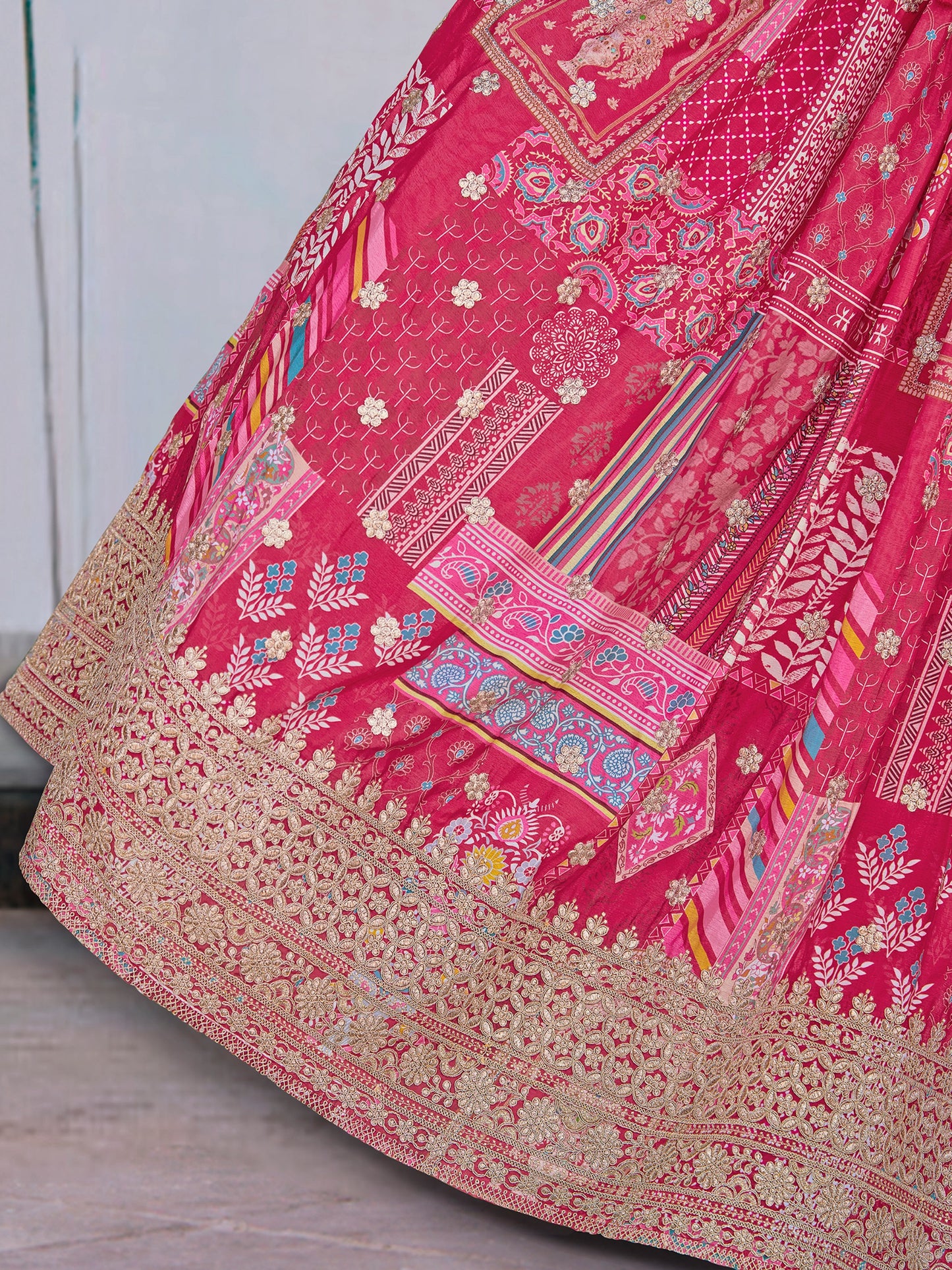Pink Chinon Lehenga with Embroidered Blouse & Cape Sleeves