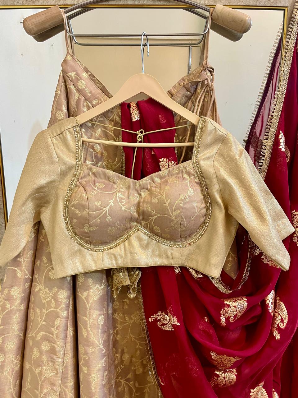 Elegant Beige & Maroon Embroidered Lehenga Set