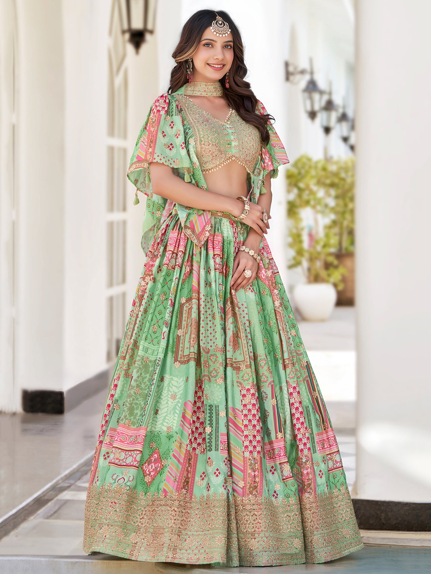 Pastel Green Printed Chinnon Lehenga Set with Embroidered Blouse