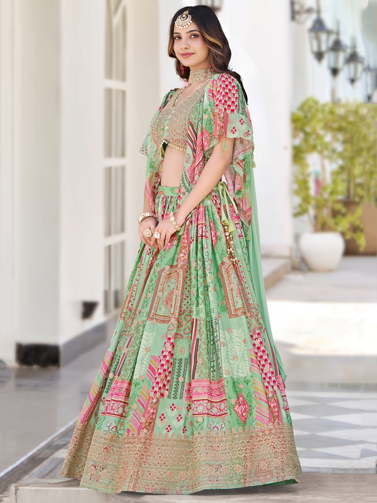 Pastel Green Printed Chinnon Lehenga Set with Embroidered Blouse