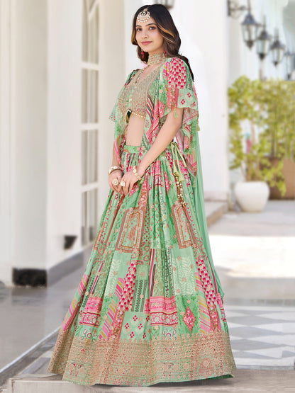 Pastel Green Printed Chinnon Lehenga Set with Embroidered Blouse