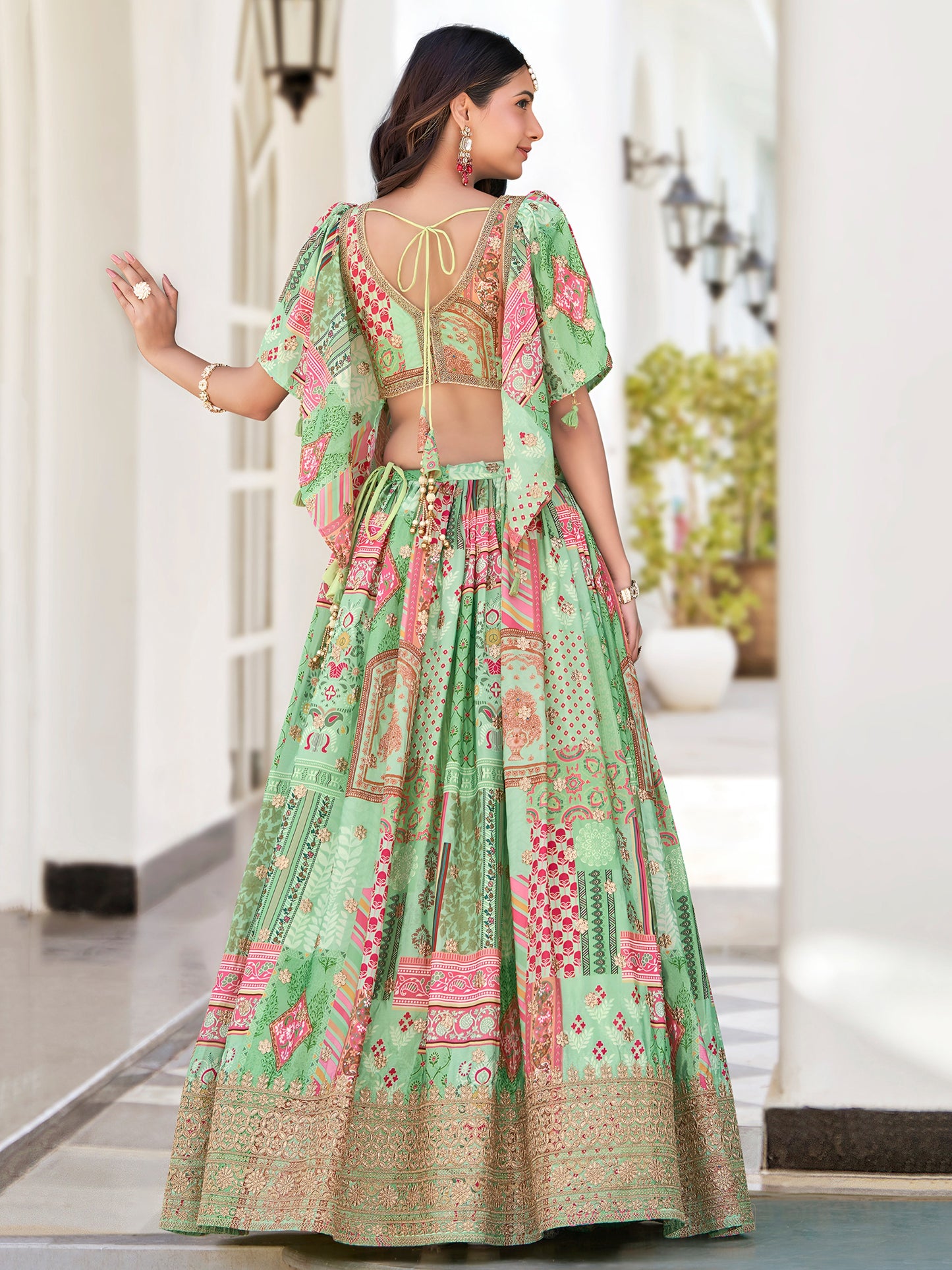 Pastel Green Printed Chinnon Lehenga Set with Embroidered Blouse