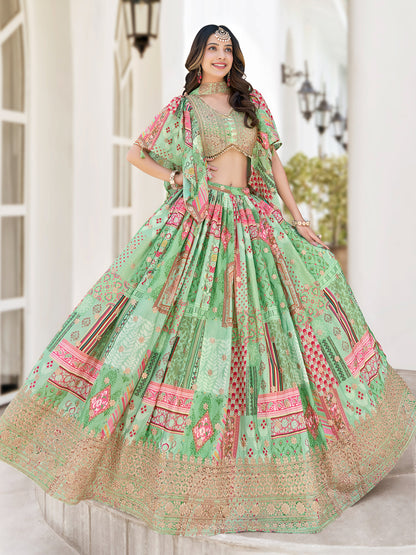 Pastel Green Printed Chinnon Lehenga Set with Embroidered Blouse