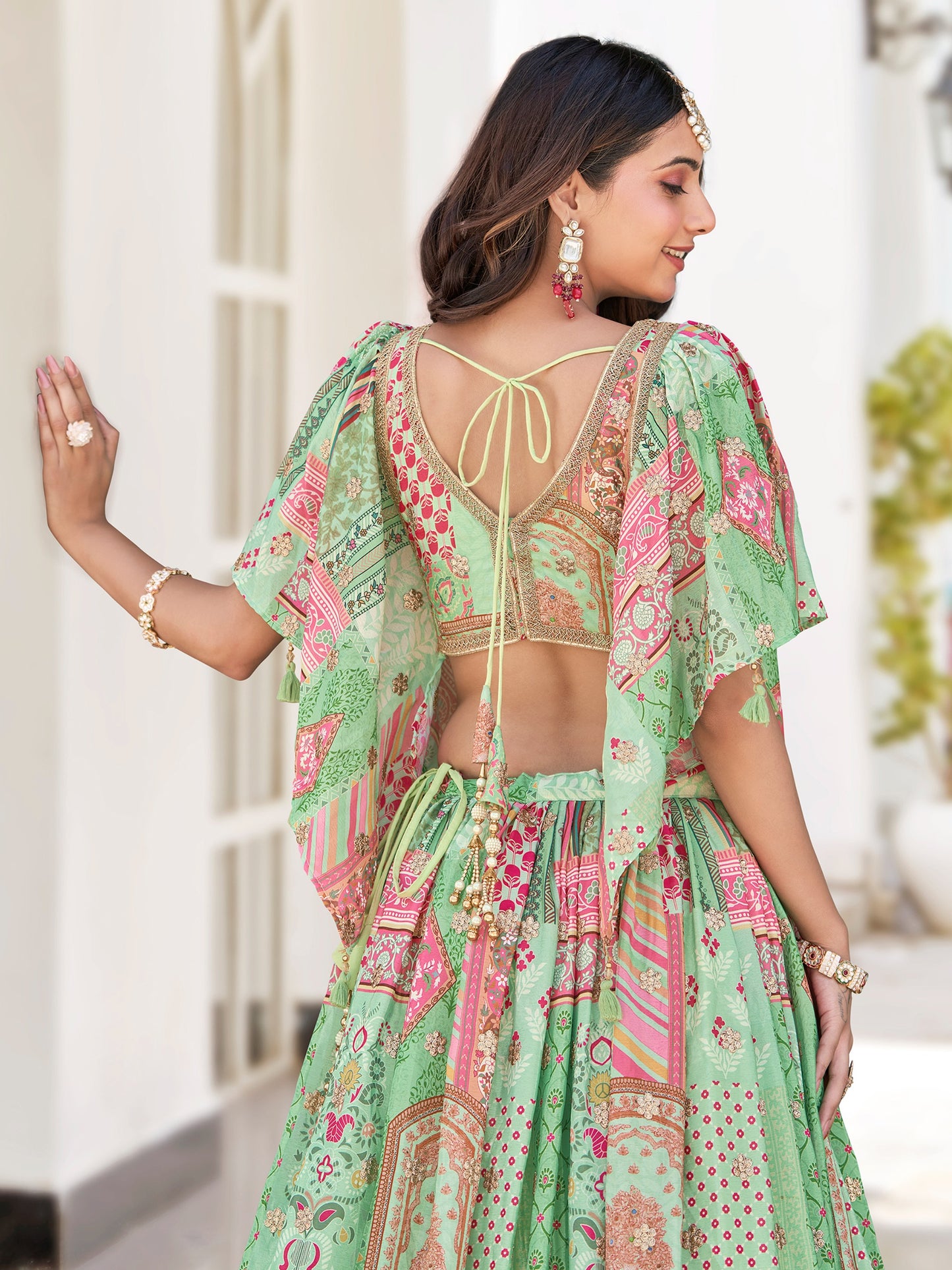 Pastel Green Printed Chinnon Lehenga Set with Embroidered Blouse