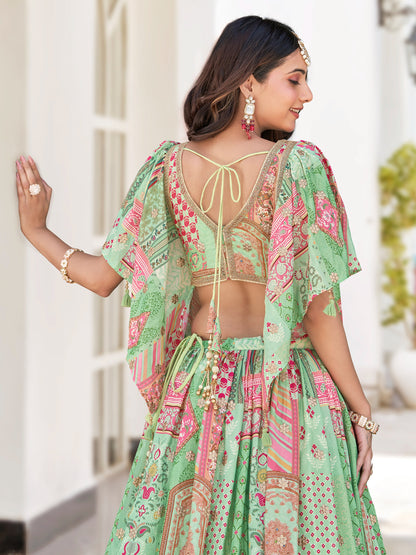 Pastel Green Printed Chinnon Lehenga Set with Embroidered Blouse