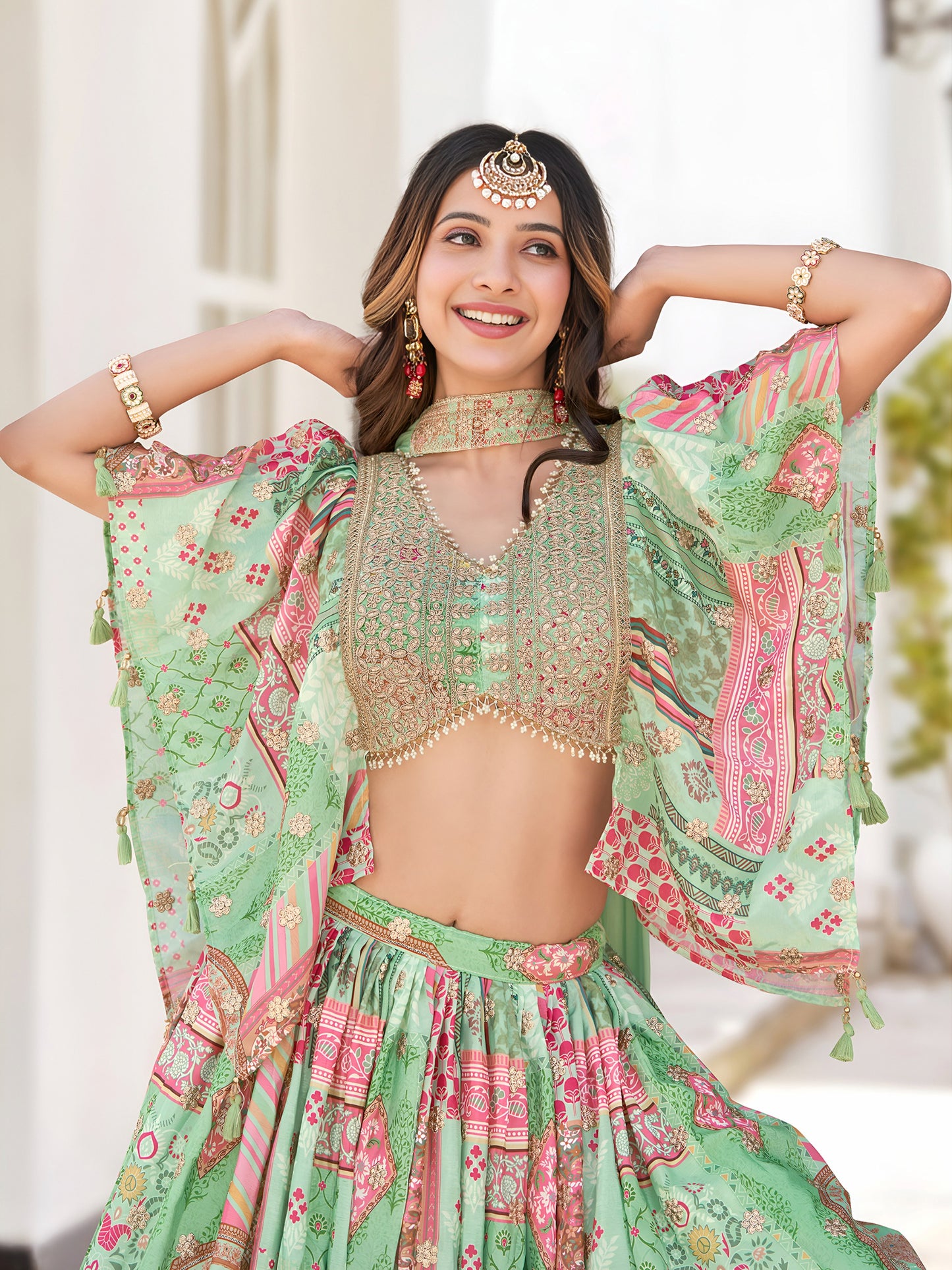 Pastel Green Printed Chinnon Lehenga Set with Embroidered Blouse