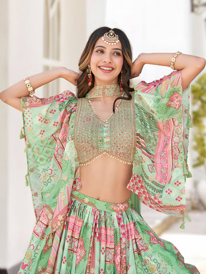 Pastel Green Printed Chinnon Lehenga Set with Embroidered Blouse