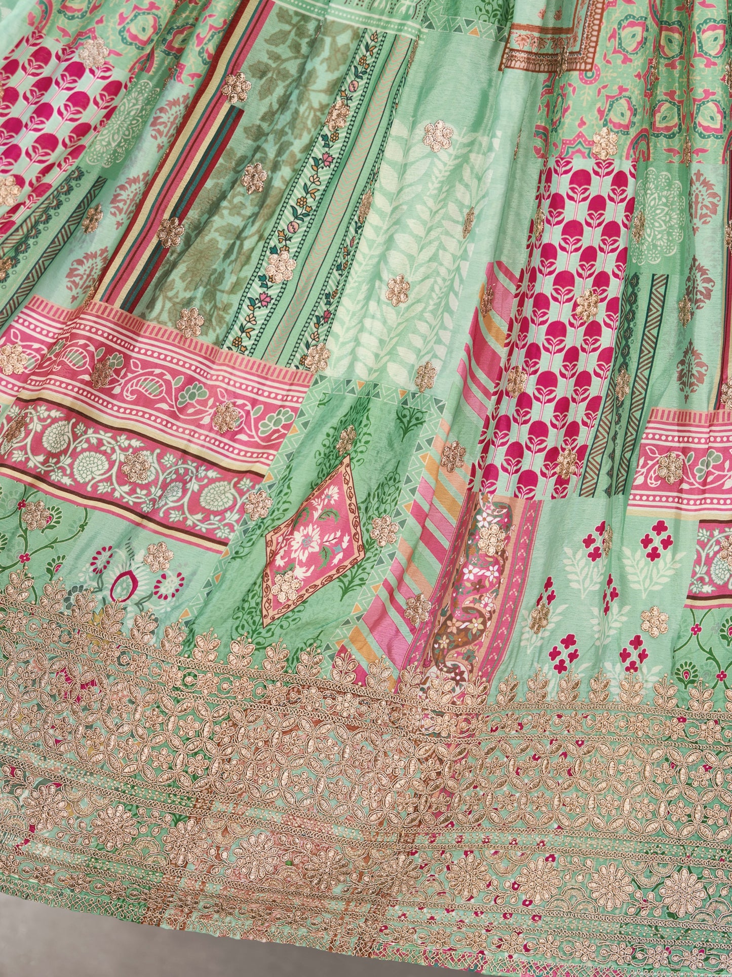 Pastel Green Printed Chinnon Lehenga Set with Embroidered Blouse