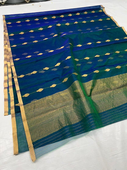 Peacock Blue & Green Katan Silk Saree with Zari Work