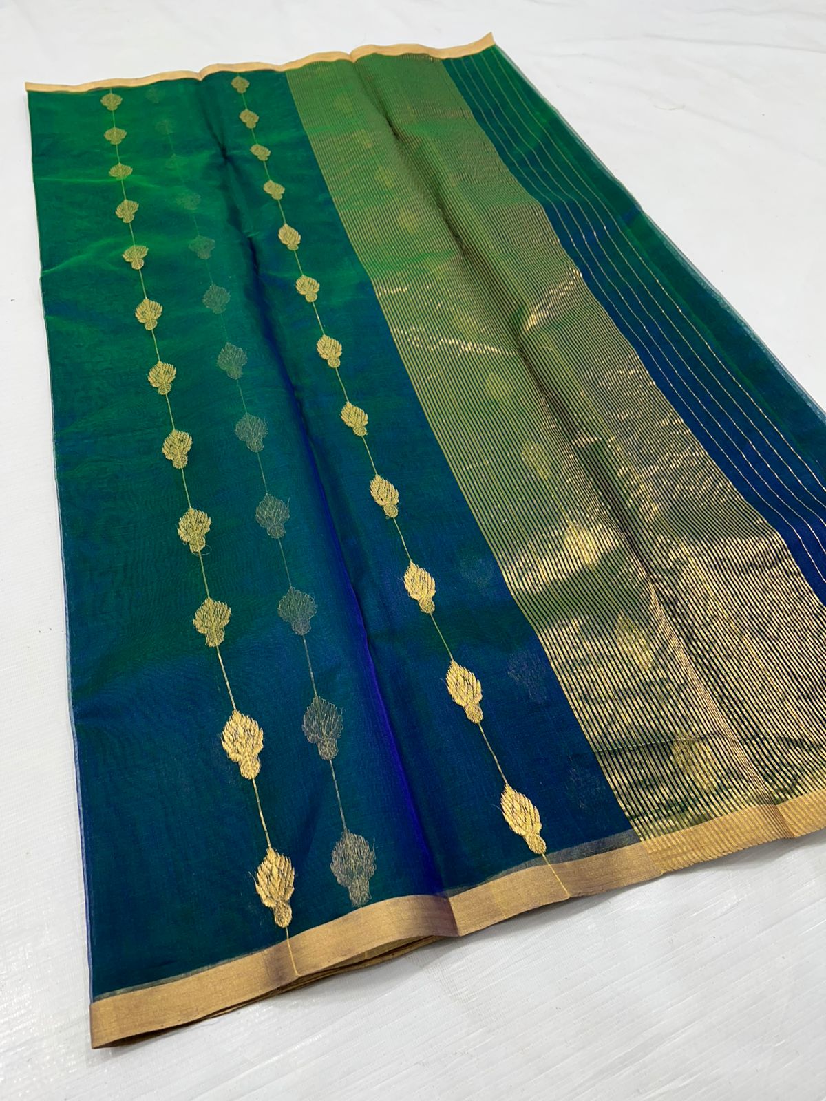 Peacock Blue & Green Katan Silk Saree with Zari Work