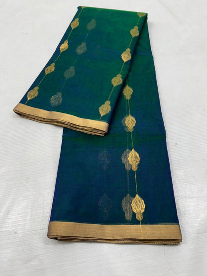 Peacock Blue & Green Katan Silk Saree with Zari Work