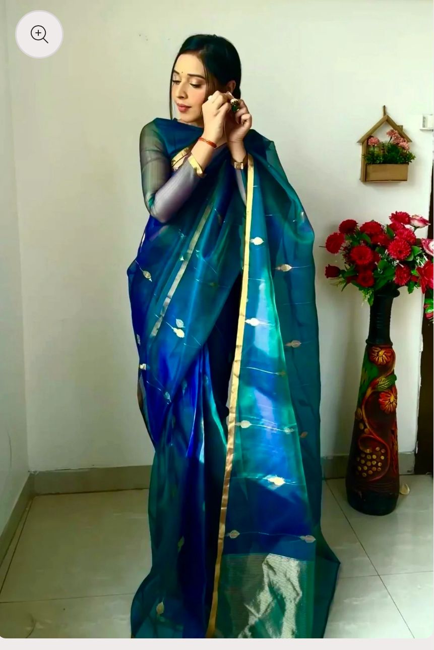 Peacock Blue & Green Katan Silk Saree with Zari Work