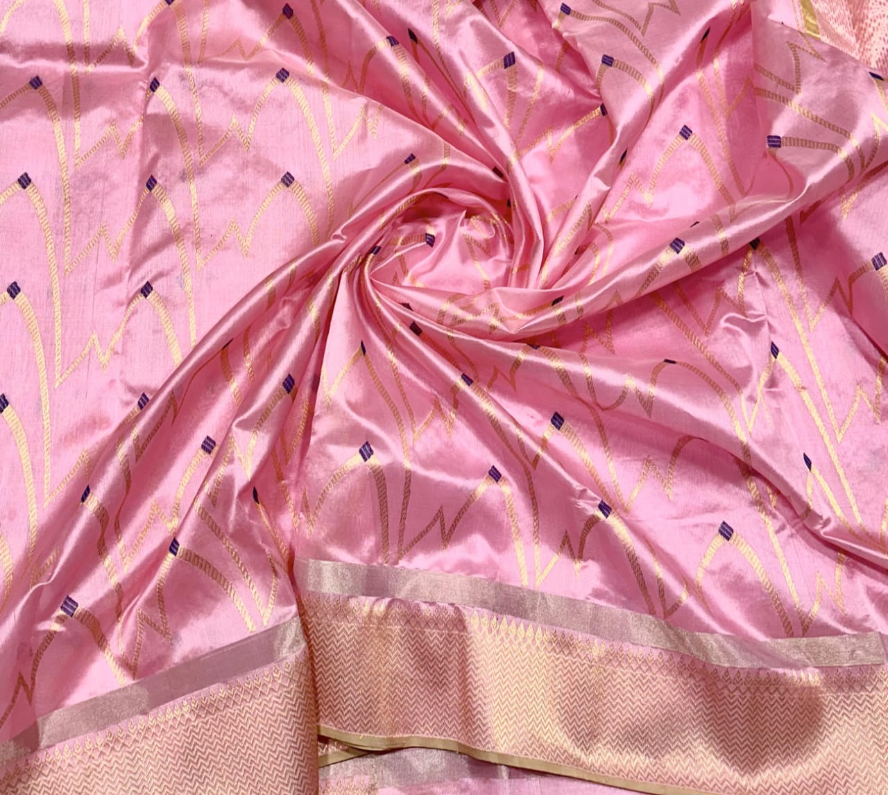 Pink Pattu Silk Saree with Gold & Navy Woven Design