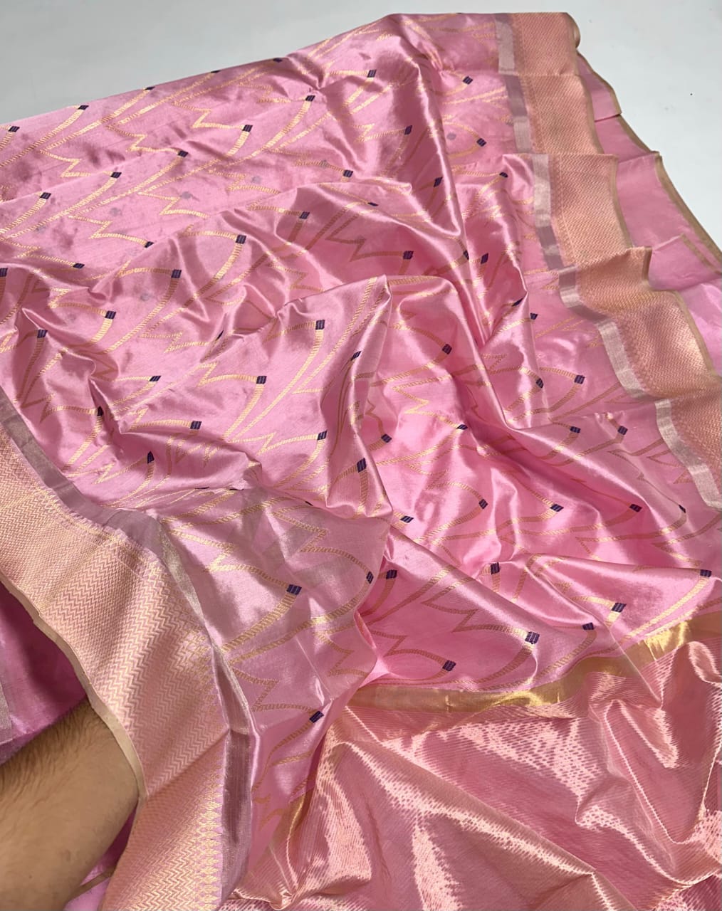 Pink Pattu Silk Saree with Gold & Navy Woven Design