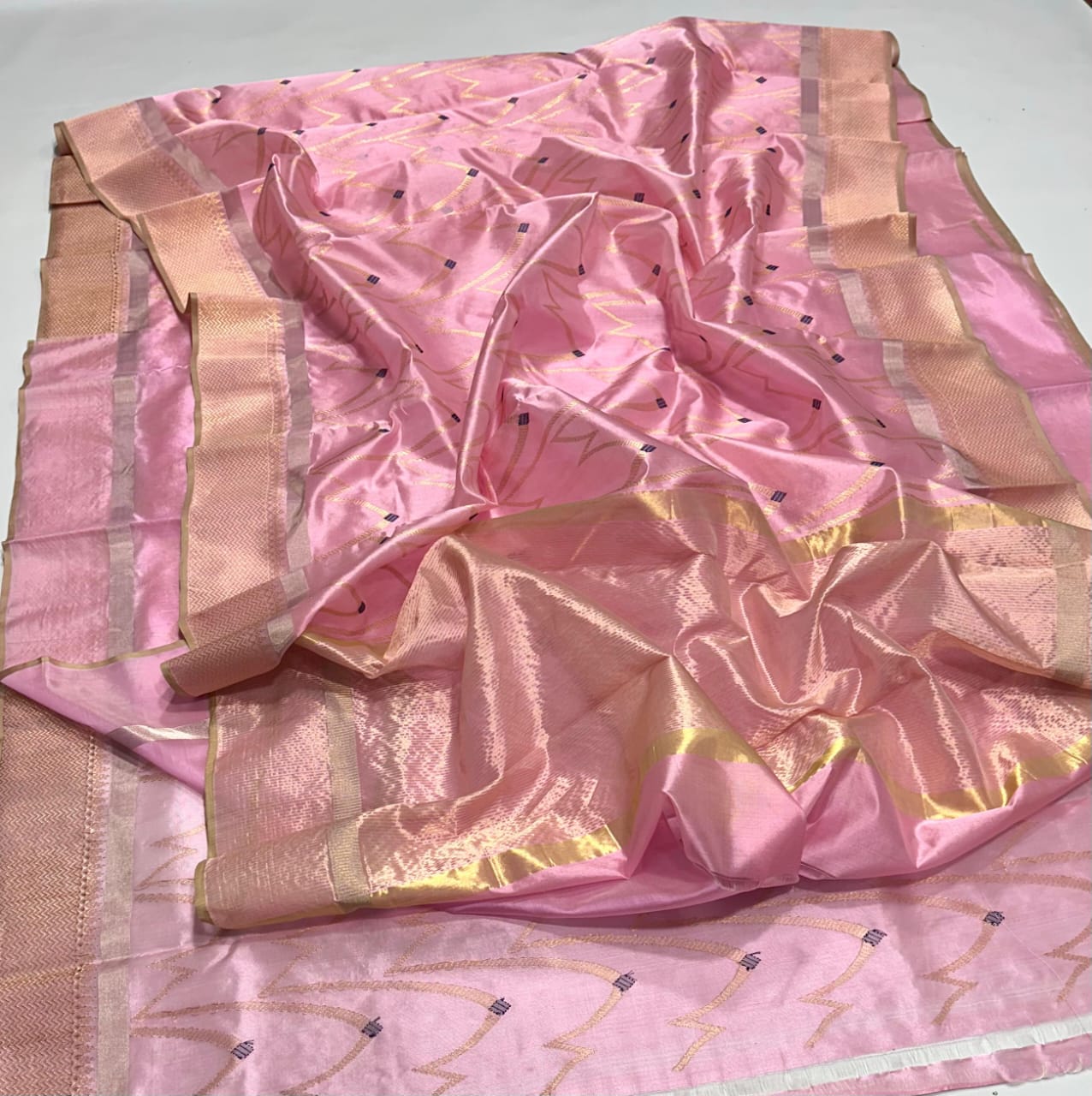 Pink Pattu Silk Saree with Gold & Navy Woven Design