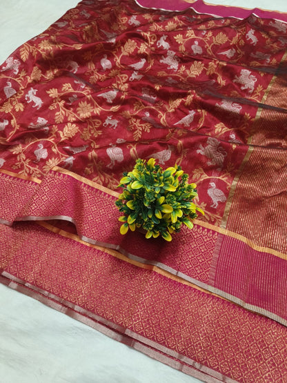Regal Red Banarasi Silk Saree with Zari Animal & Bird Motifs