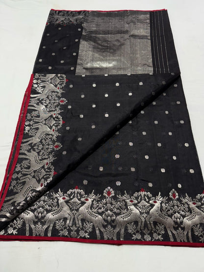Black Handloom Silk Saree with Silver Zari Pallu & Peacock Border
