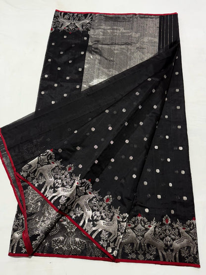 Black Handloom Silk Saree with Silver Zari Pallu & Peacock Border