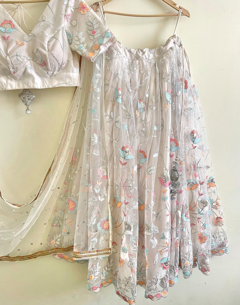 White Pastel Floral Embroidered Lehenga Set