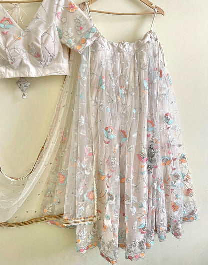 White Pastel Floral Embroidered Lehenga Set