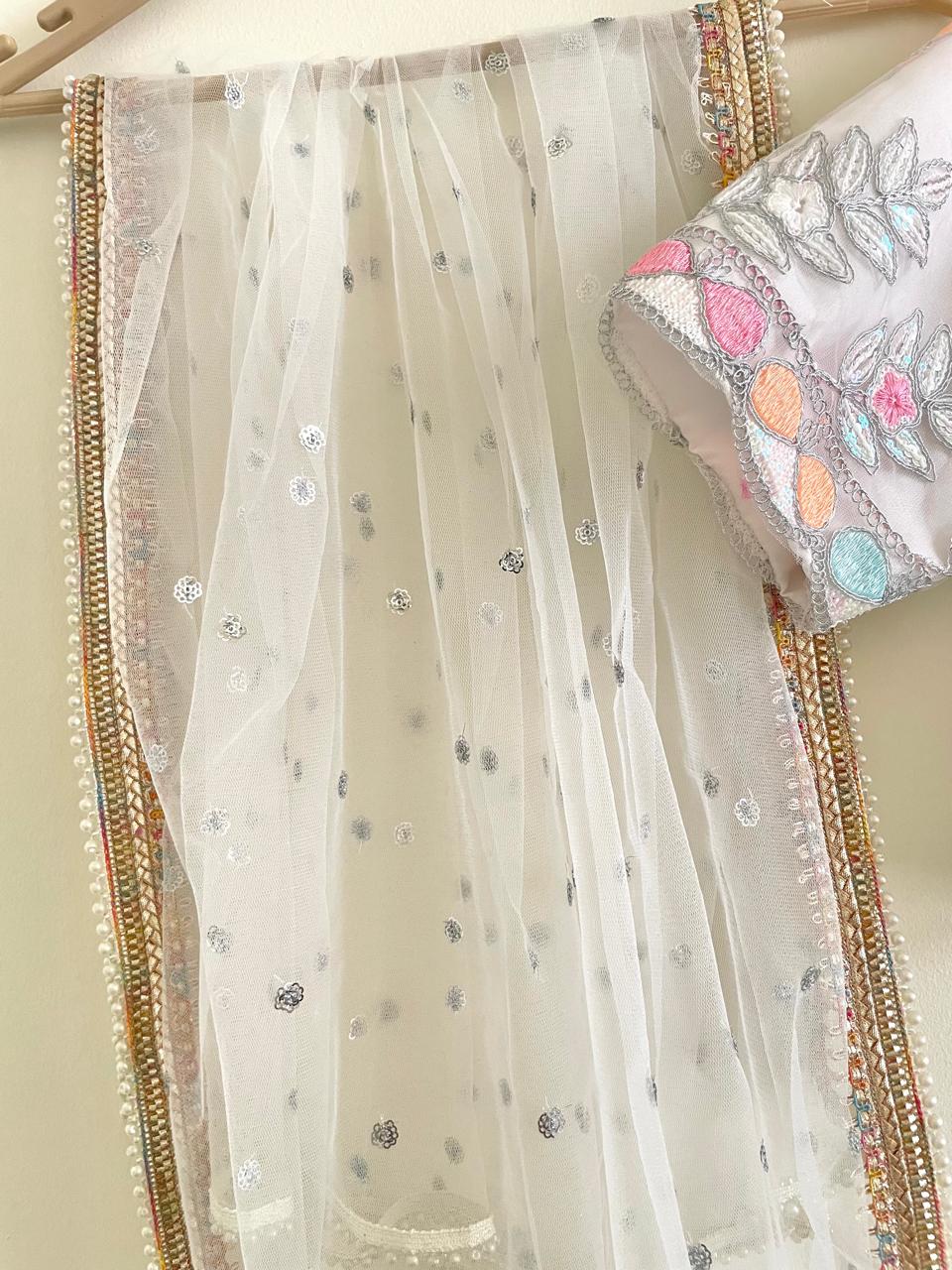 White Pastel Floral Embroidered Lehenga Set