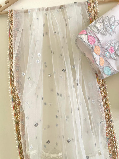 White Pastel Floral Embroidered Lehenga Set