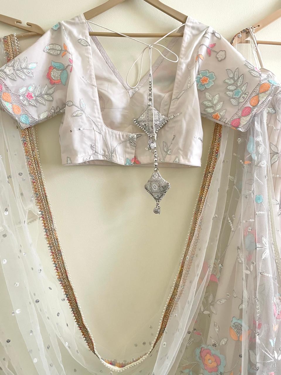 White Pastel Floral Embroidered Lehenga Set