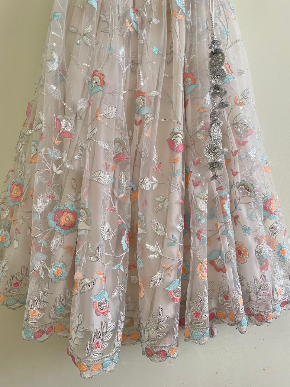 White Pastel Floral Embroidered Lehenga Set
