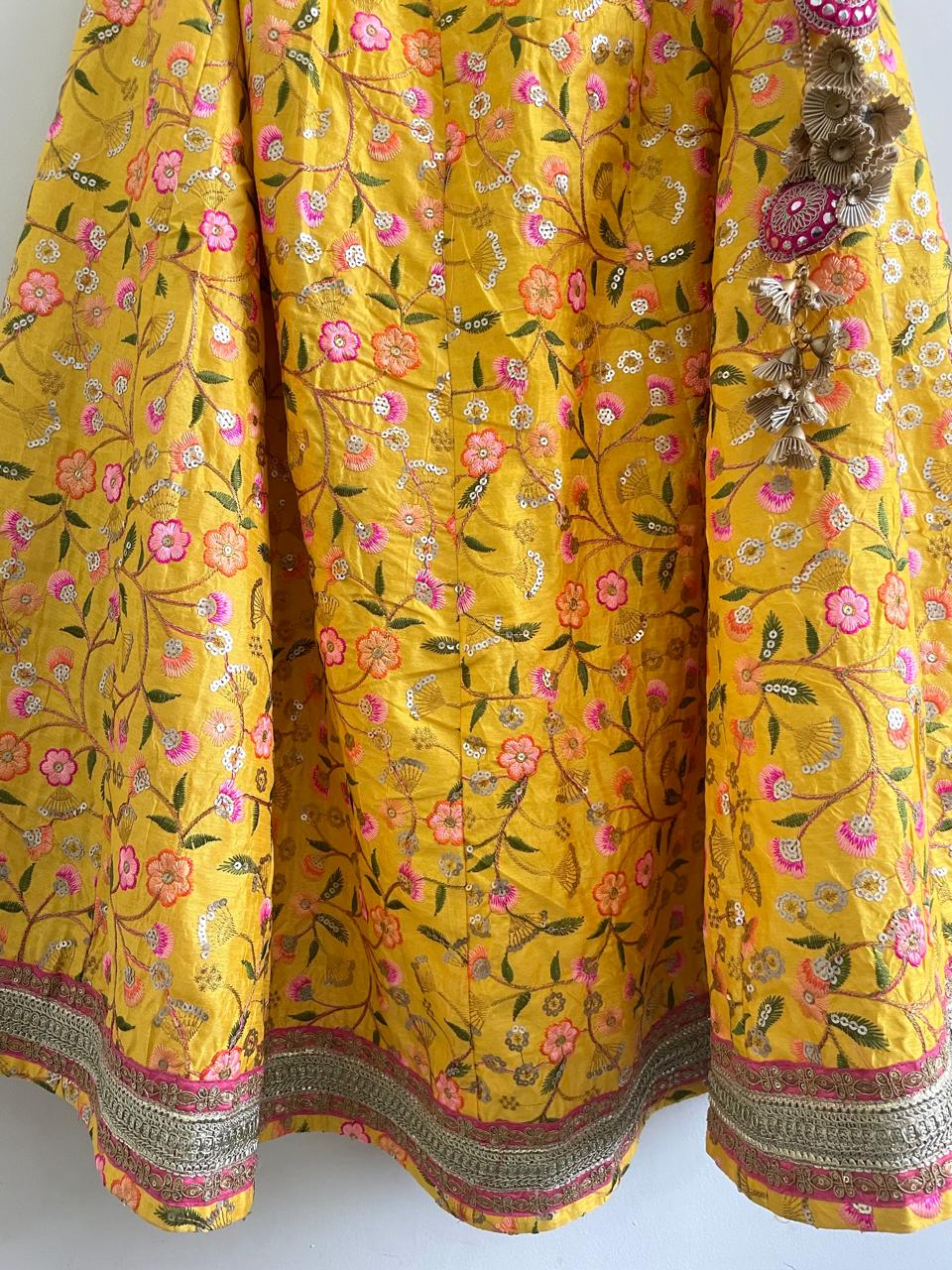 Sunshine Yellow Embroidered Lehenga Set with Pink Dupatta
