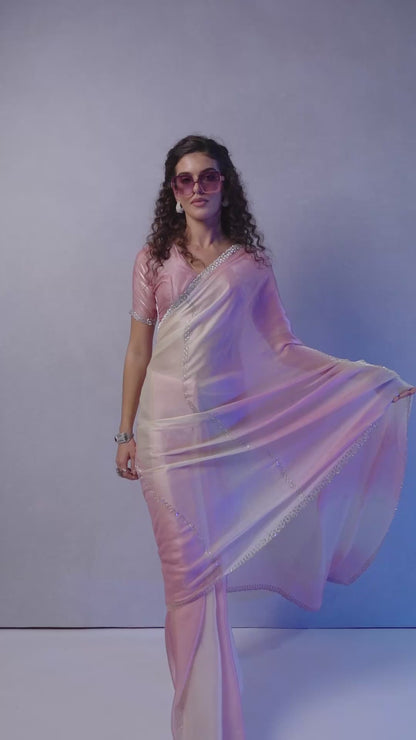Elegant Ombre Pink & Cream Organza Saree with Sequin Border