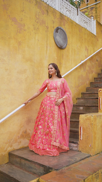 Peach Pink Embroidered Silk Lehenga Set