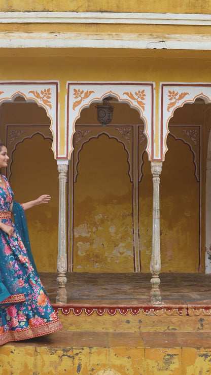 Royal Blue Floral Printed Lehenga Set with Embellished Dupatta