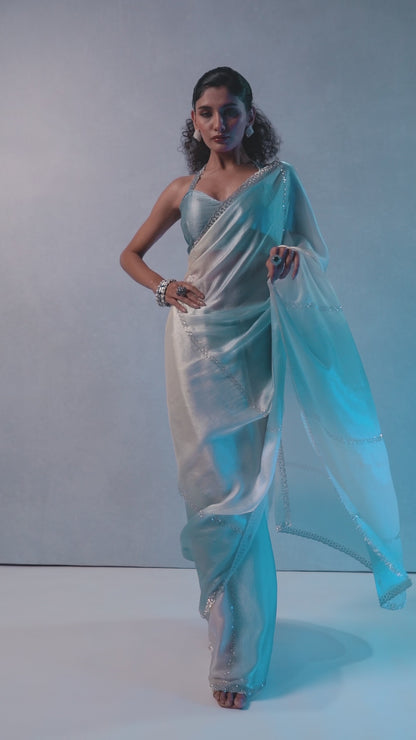 Elegant Blue & Ivory Ombre Organza Saree