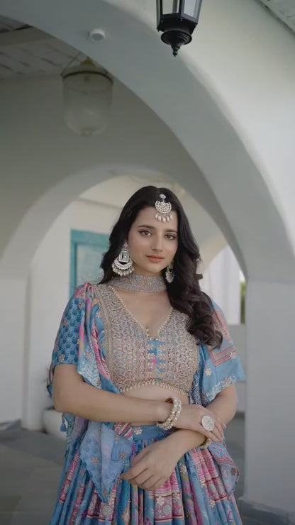 Indian Ethnic Sky Blue Embroidered Lehenga Choli Set